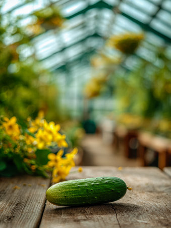 A ripe, glossy cucumber lies atop aged wooden planks, illuminated by warm sunlight amid blooming yellow blossoms and thriving greenery, evoking serenity and freshnesの写真素材