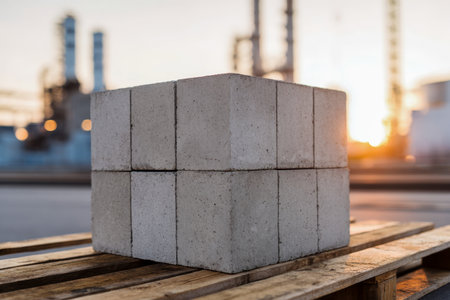 A sturdy pile of uniform gray concrete bricks rests on a wooden pallet, with smokestacks and factory silhouettes softly diffused by evening sunset hues.の写真素材