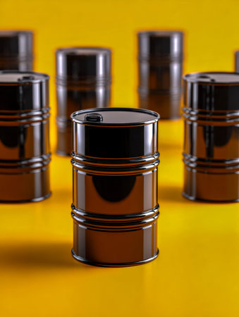 An array of sleek, black storage drums sits atop a bright yellow platform, with glossy reflections...