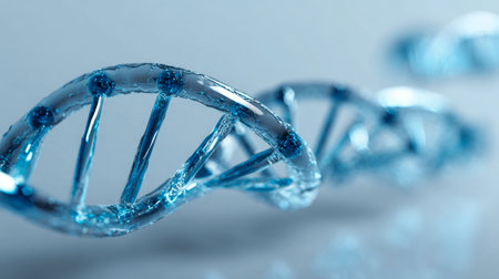 A vivid, three-dimensional representation of a glowing blue double helix, highlighting the intricacies of genetic material within a high-tech laboratory setting.の写真素材