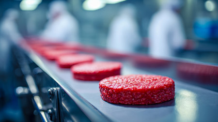 Vibrant red vegan substrate burgers glide smoothly along a sophisticated manufacturing line, with technicians in protective gear supervising precision processes.の写真素材