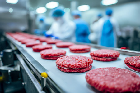 Colorful plant-based or lab-crafted meat slices glide along a sleek conveyor within a high-tech production line, staffed by workers in safety gear.の写真素材