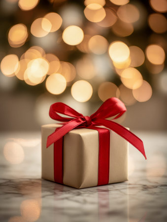 A delicate beige-wrapped present with a vibrant red bow rests on a polished marble surface,...