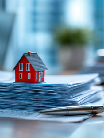 A miniature red house rests atop a pile of documents, with a pen close by, symbolizing property planning, real estate transactions, or investment decisions indoors.の写真素材