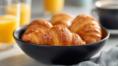 Warm, buttery croissants nestled in a sleek black bowl, accompanied by refreshing orange juice and a softly blurred coffee mug, perfect for a comforting morning feasの写真素材