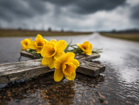Vibrant yellow blooms gently placed on aged wooden crosses, set against a damp pavement under brooding skies, evoking a quiet, contemplative atmosphere.の写真素材