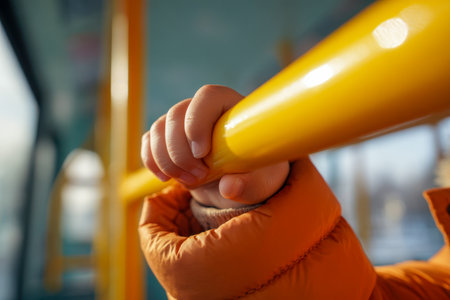 A young child holds tightly onto a vivid yellow railing inside a bustling public vehicle on a sunny winter day, bundled in cozy clothing, symbolizing comfort and safの写真素材