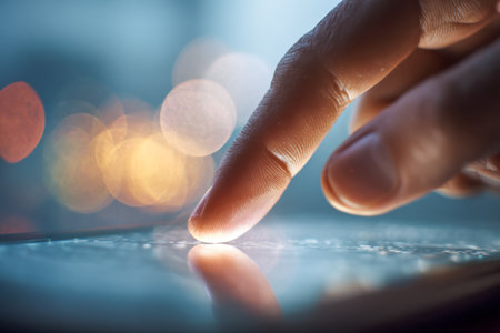 An individual interacts with a sleek digital display, their fingertip casting a gentle radiance amid shimmering night-time bokeh patterns.の写真素材