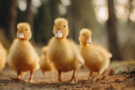 Playful baby ducks waddle through a glowing forest floor, their soft feathers contrasting with the dappled sunlight, evoking a serene springtime scene.の写真素材