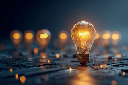 A radiant filament-shaped light casts a vibrant glow over a complex electronic circuit, with a...