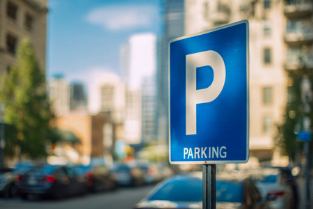 A vibrant blue parking indicator stands out against a bustling city backdrop, where sunlight illuminates layered buildings and shifting vehicle silhouettes in soft fの写真素材