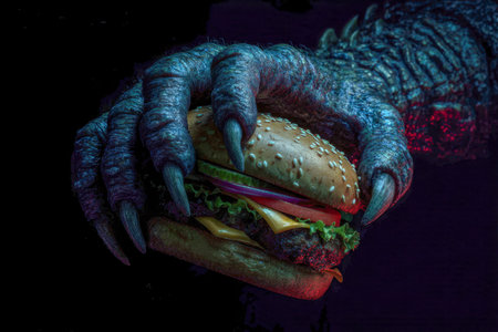 An intimidating beast's talon clutches a layered burger, highlighted by striking lighting that emphasizes the claws' menace and the juicy sandwich's tempting detailsの写真素材