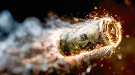 A tightly rolled currency note ignites in fierce flames and sparks, symbolizing economic volatility and the fiery intensity of financial markets against a dark backdの写真素材