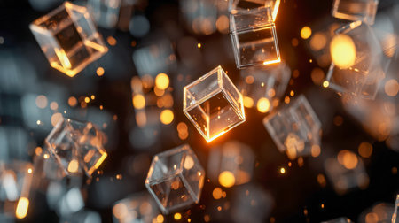 Glowing crystalline cubes drift amidst shadowy depths, casting amber hues and evoking a sleek, innovative vibe perfect for showcasing cutting-edge tech ideas.の写真素材