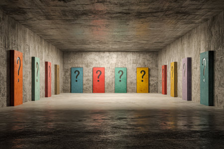 A shadowy industrial space with vibrant doors decorated with question symbols, evoking themes of mystery, decision points, and inner reflection.の写真素材