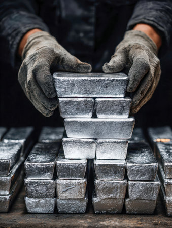 A meticulous laborer dons safety gloves as he methodically arranges radiant steel ingots into organized stacks within a dimly lit industrial space.の写真素材