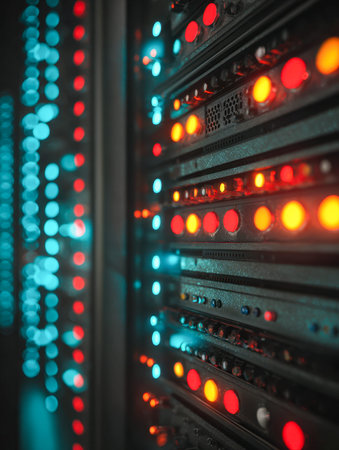 A dynamic display of glowing LEDs and multi-colored switches highlights cutting-edge electronic...