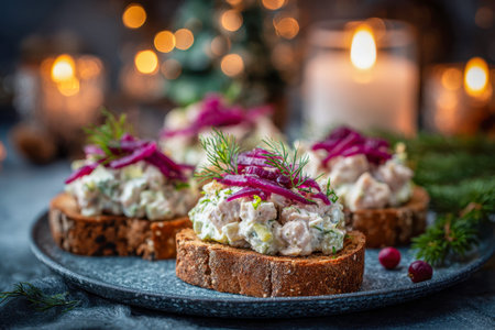 A cozy holiday setting showing a chicken salad on crusty bread, accented with fragrant dill and...
