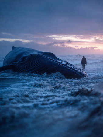 A solitary figure gazes at a colossal whale washed ashore amid crashing waves and swirling mist,...