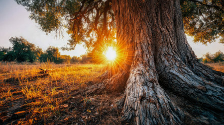 A luminous amber glow gently filters through the rugged surface of a centuries-old tree, casting tranquil shadows across a sparse, sunlit meadow at dusk.の写真素材