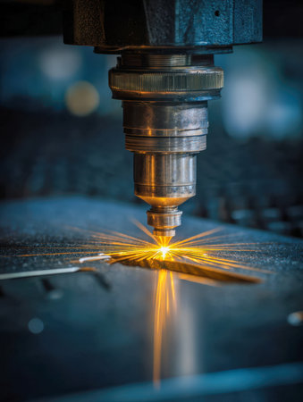 A high-tech laser apparatus meticulously carves detailed designs into a metallic slab, with...