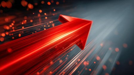 A vibrant crimson arrow accelerates forward, leaving luminous streaks and particles that evoke innovation, advancement, and the momentum of future-focused progress.の写真素材
