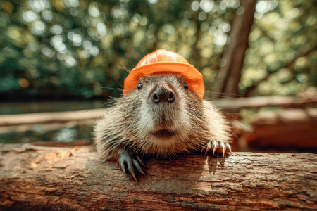 A spirited beaver, adorned with a vivid orange safety helmet, sits alert on a fallen log amidst lush greenery, with a softly blurred woodland backdrop.の写真素材