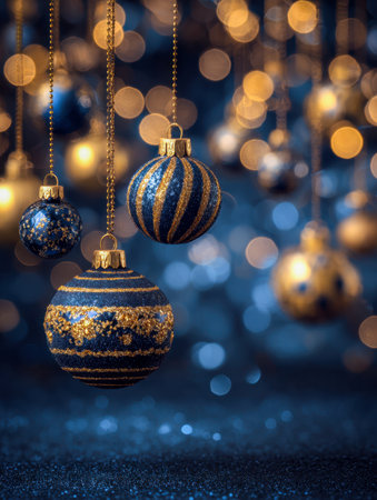 Delicate blue and gold sparkling decorations sway amidst warm, blurred lights, evoking a joyful, inviting spirit perfect for celebrating the holiday season.の写真素材