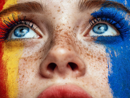 A youthful individual gazes upward with a hopeful spirit, their face adorned in vibrant reds, yellows, and blues, highlighting expressive bright blue eyes and playfuの写真素材