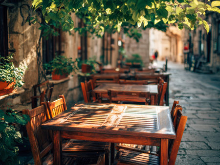 Sunlit street-side dining area featuring rustic wooden tables and chairs beneath vibrant greenery,...