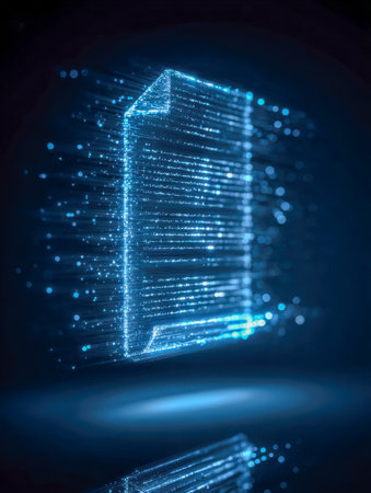 A luminous digital interface emerges from a cascade of blue light particles in void-like darkness, featuring a vivid holographic glow and sleek reflective surface.の写真素材