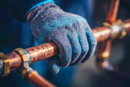 A skilled technician's hands, clad in safety gloves, carefully examine a network of shiny copper pipes, ensuring quality and safety during a plumbing upgrade.の写真素材