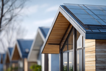 Cozy contemporary homes with angled roofs fitted with solar arrays, highlighting green design and...