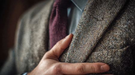 A gentleman fine-tunes his sophisticated look, highlighting timeless menswear elegance with tailored craftsmanship, rich textures, and polished details.の写真素材