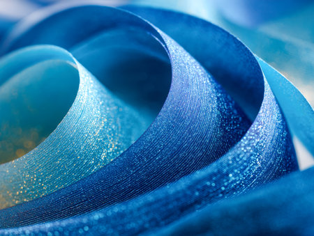 Luxurious blue ribbons with shimmering surfaces cascade in graceful spirals, their silky texture catching soft light, creating an elegant and festive atmosphere.の写真素材