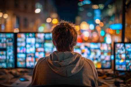 A focused individual surveys an array of vibrant digital displays in a dark room, while city lights shimmer and blur behind, hinting at a high-stakes, urban setting.の写真素材