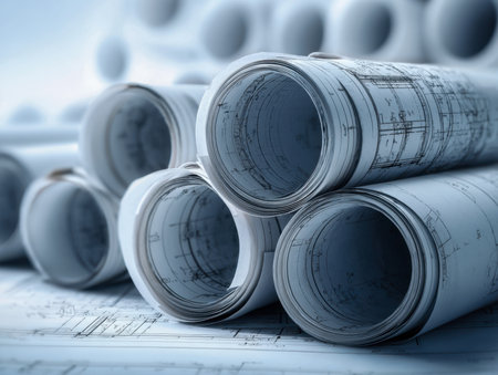 A neat collection of rolled blueprints layered atop a work surface, illuminated by gentle blue hues, revealing intricate plans and precise technical sketches.の写真素材