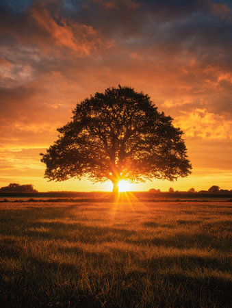 A lone regal tree bathed in soft amber light, its silhouette stretching across a tranquil meadow as the sunset paints the sky with vivid hues.の写真素材