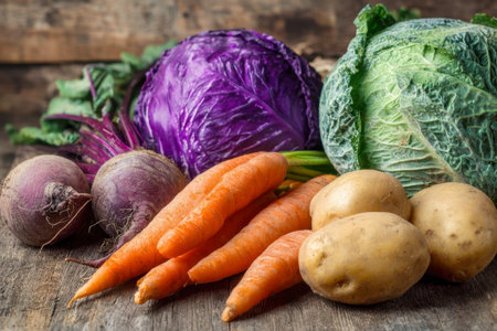 An inviting display of colorful produce including carrots, purple and green cabbage, potatoes, and beets arranged on a weathered wooden table, inspiring wholesome meの写真素材