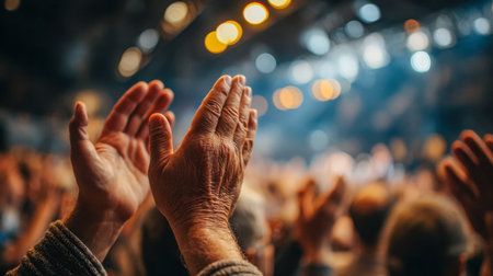 A vibrant crowd enthusiastically claps, illuminated by warm stage lighting and shimmering bokeh, embodying the electrifying atmosphere of a memorable performance.の写真素材