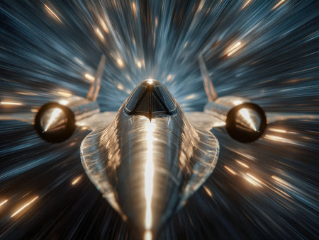A cutting-edge aircraft slices through a vibrant, streaked backdrop of neon lights, emphasizing its streamlined form and exceptional speed for future transportation.の写真素材