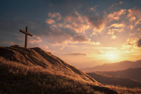 A solitary wooden cross rises atop a lush hill bathed in warm evening light, silhouettes against vibrant clouds and distant mountains during a serene sunset.の写真素材
