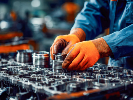 A technician meticulously assembles intricate metal components using precision instruments,...
