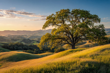 A regal lone oak perches atop gentle, sun-kissed hills as the evening sky blazes with vivid azure hues, capturing serene countryside beauty at dusk.の写真素材