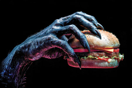 An ominous, darkened talon with glaming, pointed nails clutching a perfectly assembled layered...