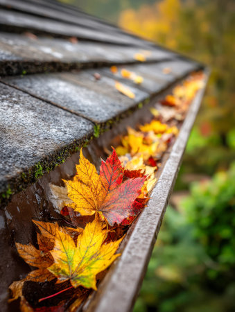 Bright autumn leaves scatter in a damp gutter, framed by aged shingles and fiery foliage, capturing...