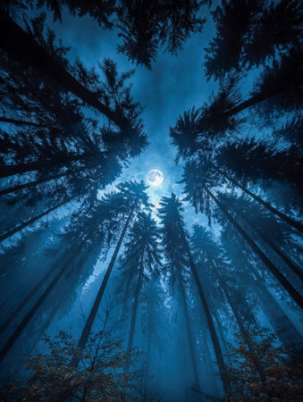 A mesmerizing twilight scene featuring silhouetted pines reaching skyward under an ethereal, moonlit haze, casting an otherworldly glow across a fog-shrouded woodlanの写真素材
