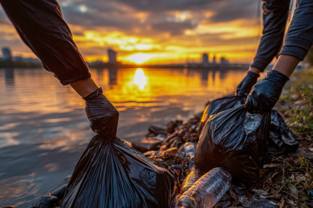 Volunteers in dark gloves and attire gather discarded debris into black bags, restoring the river's beauty under a fiery sunset that celebrates environmental care.の写真素材