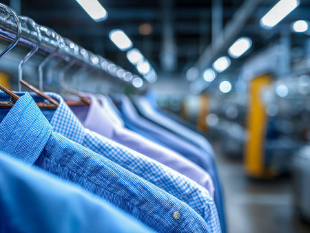 Vibrant blue and crisp white shirts adorned with intricate patterns, displayed methodically on wooden hangers amid a luminous contemporary retail or workshop environの写真素材