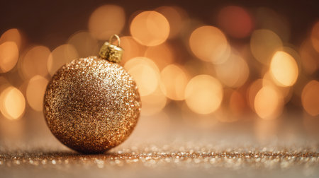 A luminous metallic sphere gleams amidst a shimmering surface, complemented by soft glow effects and cozy light orbs creating a festive holiday ambiance.の写真素材